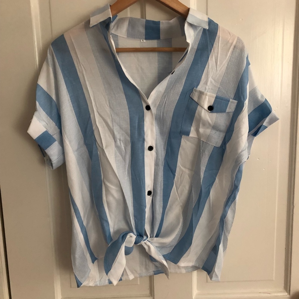 Tie up blue and white button down